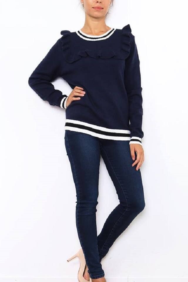 Pulover cu volan, Bleumarin/Alb