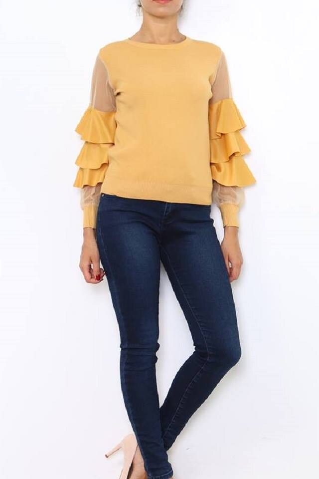 Pulover cu manecile din tul cu volane, Galben, S-M
