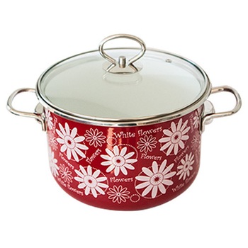 Oala emailata ruseasca cu flori rosie 4 L capac sticla MN012969 Oala emailata ruseasca cu flori rosie 4 L capac sticla MN012969