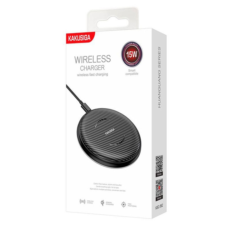 Kaku vezeték nélküli töltő (KSC-562), 15W, 1xUSB-C, PD, mágneses, fekete