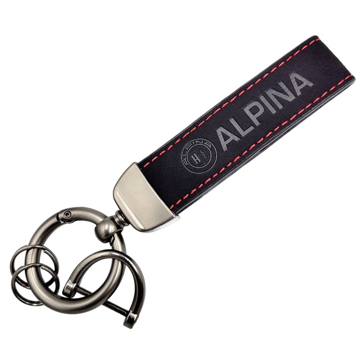 Breloc auto, Piele / Aliaj, Model ALPINA, 13.3 x 2 cm, Negru