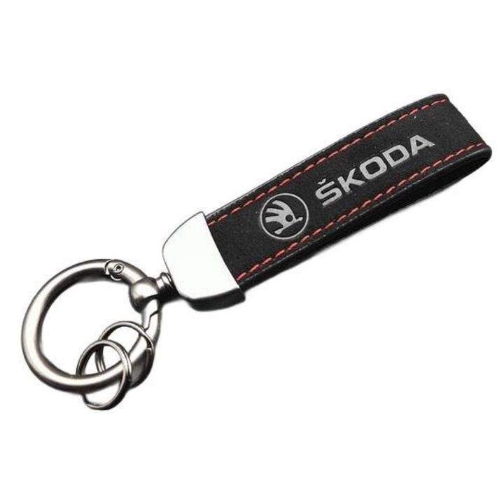 Breloc auto, SKODA, piele, negru, 2 x 13.3 cm