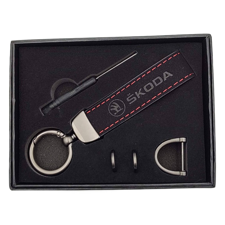 Breloc auto, ATA, Piele, Skoda, Negru