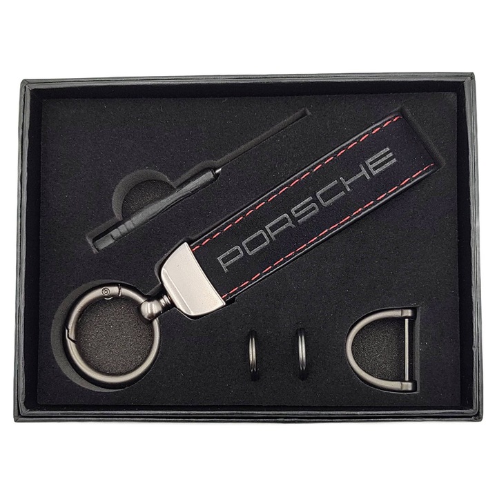 Breloc auto, ATA, Piele / Metal, Porsche, Negru
