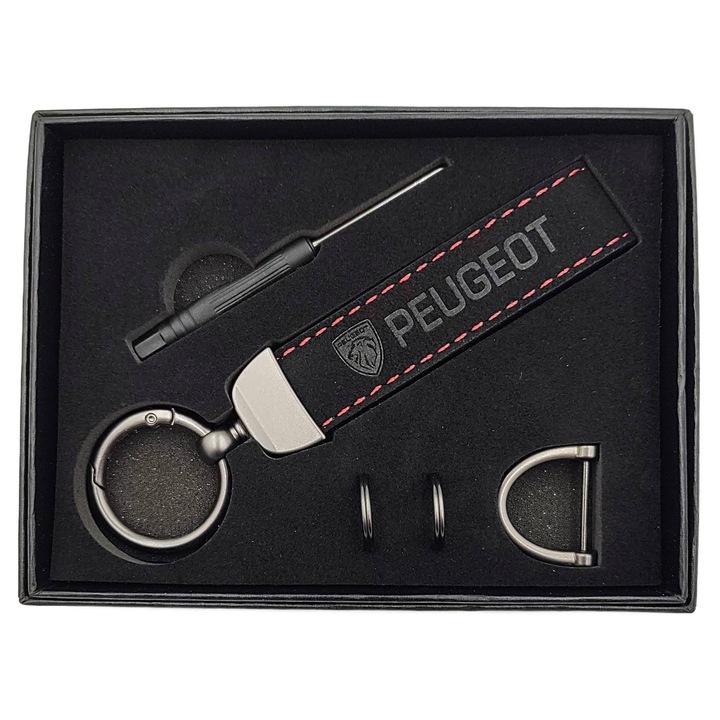 Breloc pentru chei, ATA, Piele / Metal, Peugeot, Negru