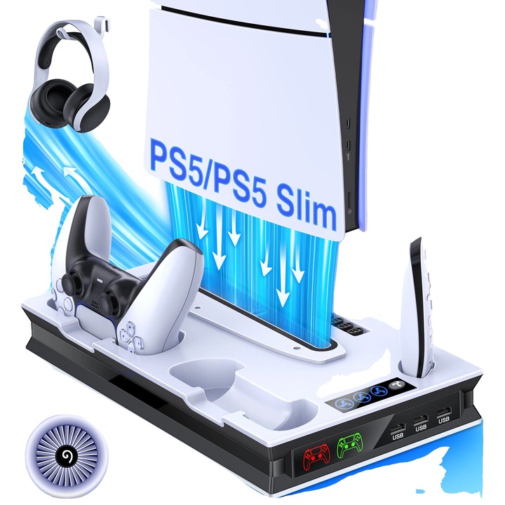 Suport de racire pentru PS5, BEBONCOOL S5000, incarcare duala pentru controlere, ventilator ajustabil, 3 porturi USB