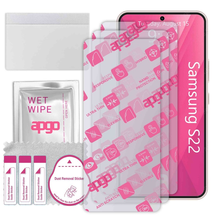 3x apgo Ultra-Clear Hybrid sticla protectoare compatibila cu Samsung Galaxy S22, sticla nano flexibila, inlocuire excelenta pentru sticla temperata, rezistenta la zgarieturi