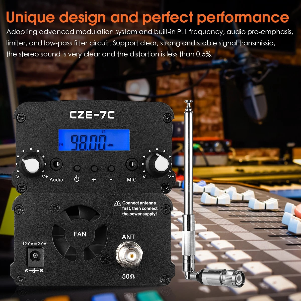 Wireless FM Transmitter, 1W/7W Output, 76-108MHz Frequency Range