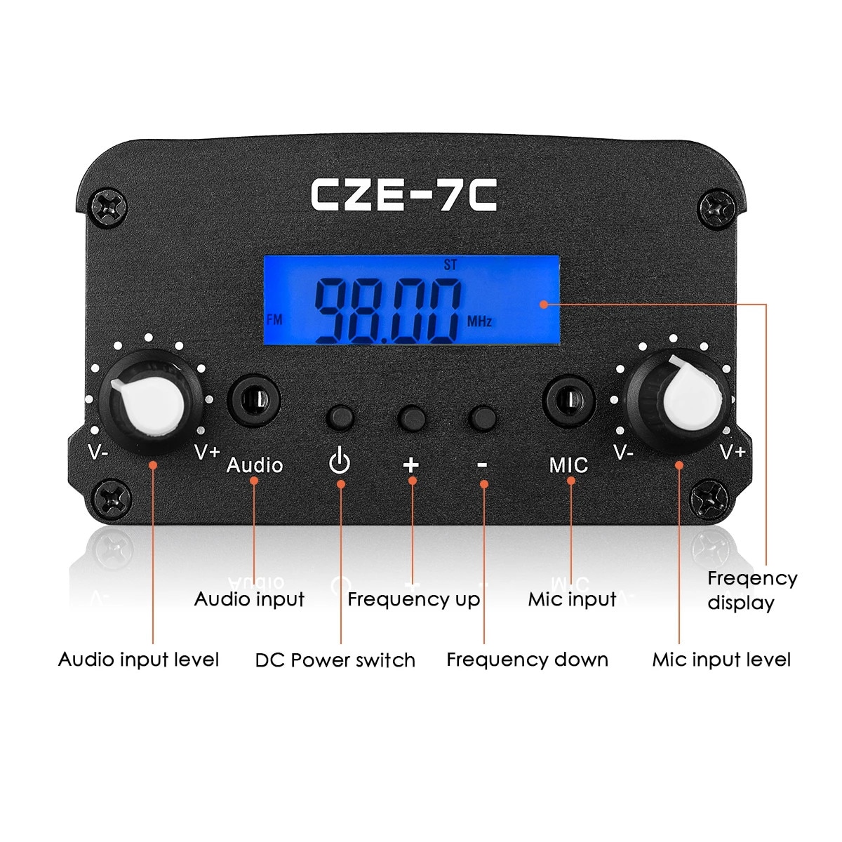Wireless FM Transmitter, 1W/7W Output, 76-108MHz Frequency Range