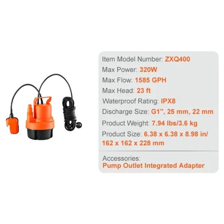 Потопяема помпа, 320W, 1585 GPH, максимална височина 31 фута, водоустойчива IPX8, размери 16.2x16.2x28.8 см