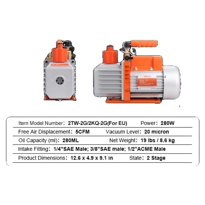 Pompa de vid, 3.5/5/7CFM, Capacitate ulei 250 ML, 5CFM 250W 2 etape, UE