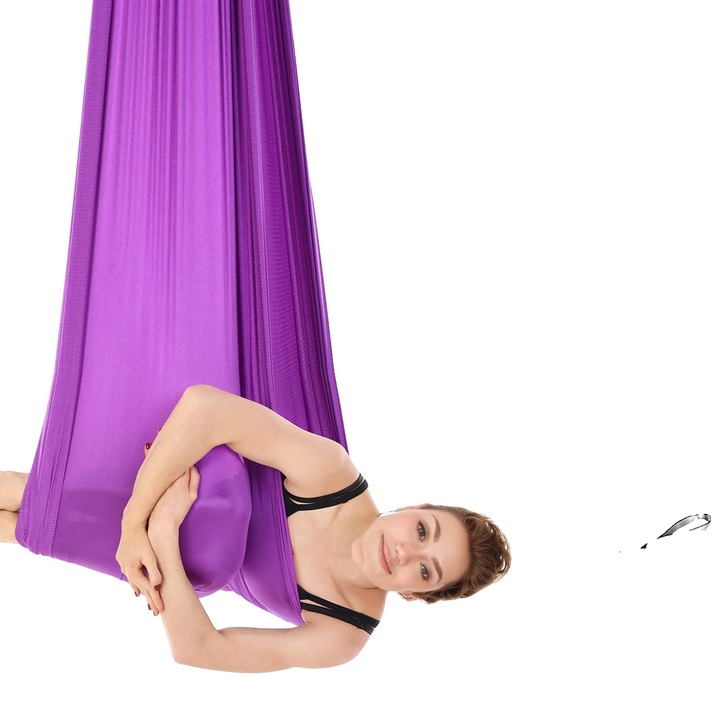 Хамак за въздушна йога, 100% полиестер, 5 м x 2,8 м, товароносимост 300 кг, лилав, пълен комплект