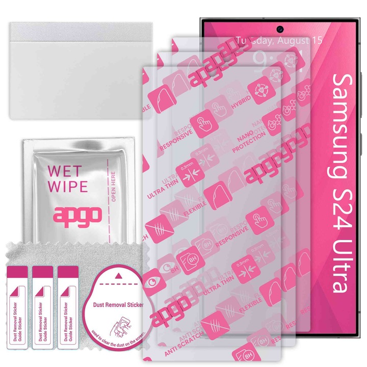 3x apgo Ultra-Clear Hybrid sticla protectoare compatibila cu Samsung Galaxy S24 Ultra, sticla nano flexibila, inlocuire excelenta pentru sticla temperata, rezistenta la zgarieturi