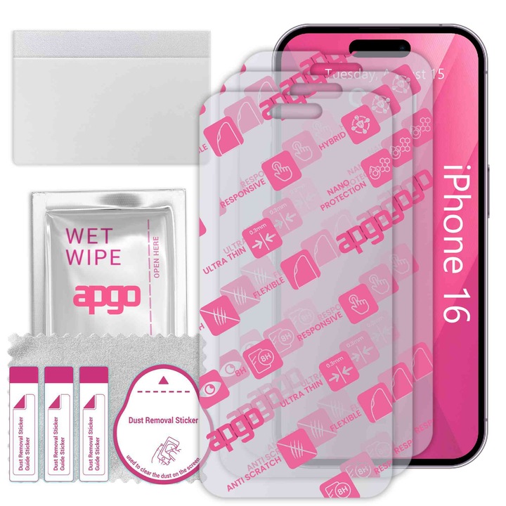 3x apgo Ultra-Clear Hybrid sticla protectoare compatibila cu Apple iPhone 16, sticla nano flexibila, inlocuire excelenta pentru sticla temperata, rezistenta la zgarieturi