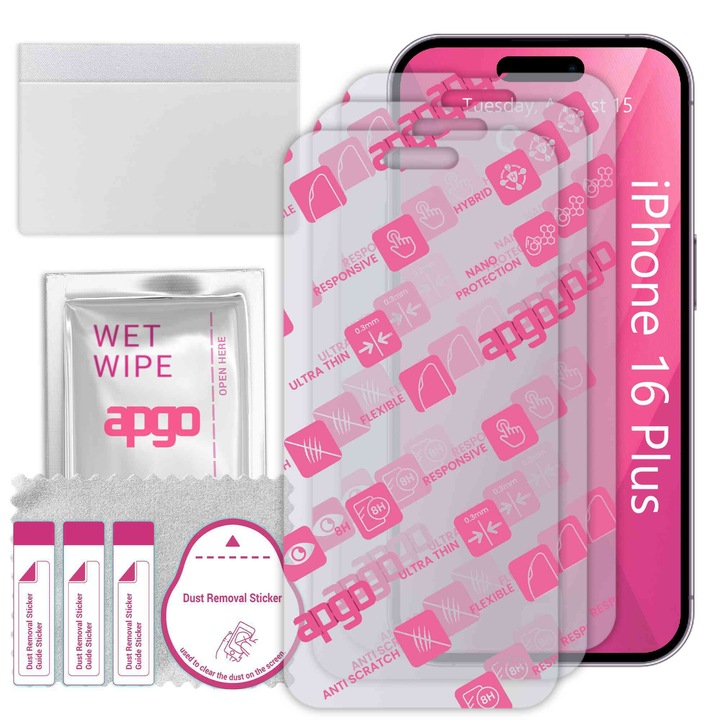 3x apgo Ultra-Clear Hybrid sticla protectoare compatibila cu Apple iPhone 16 Plus, sticla nano flexibila, inlocuire excelenta pentru sticla temperata, rezistenta la zgarieturi