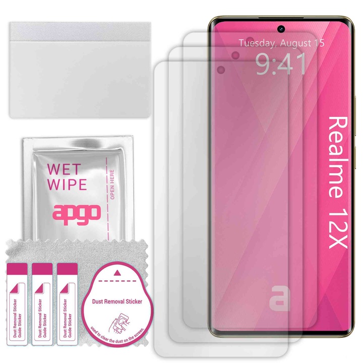 3x apgo протектор за екран за Realme 12X – цял дисплей, гланцов, хидрогел, пълно лепене, 5D