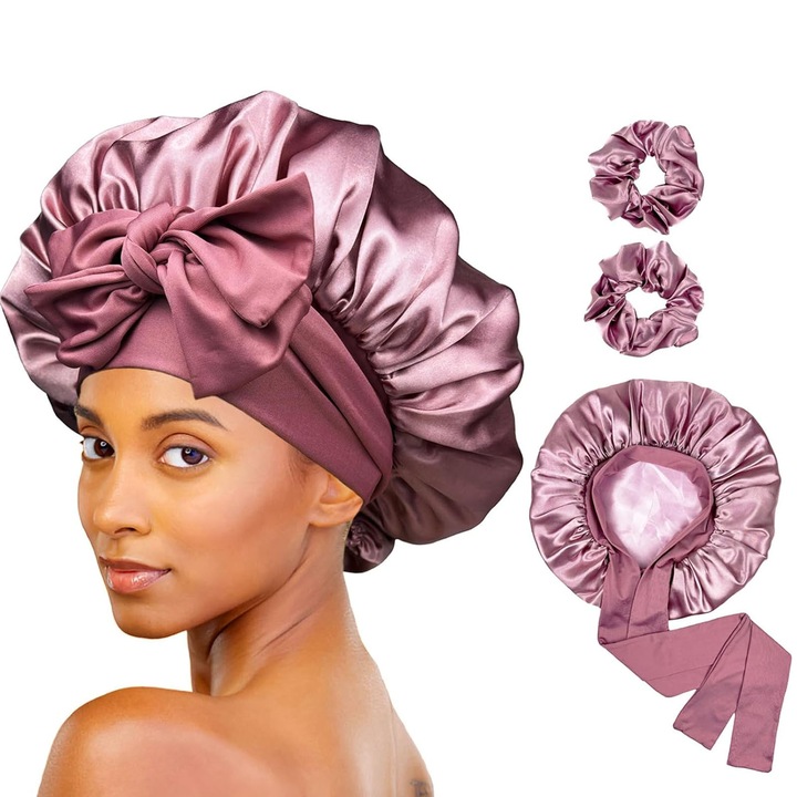 Boneta din satin pentru dormit, ZGGZERG, din Satin cu 2 Straturi, cu 2 elastice pentru par, Moale si respirabil, Protectie Impotriva Electricitatii Statice, Banda Elastica, Poliester, 35.5x60cm