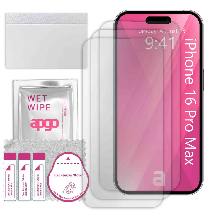3x apgo протектор за екран за Apple iPhone 16 Pro Max (без изрез за камерата) – цял дисплей, гланцов, хидрогел, пълно лепене, 5D