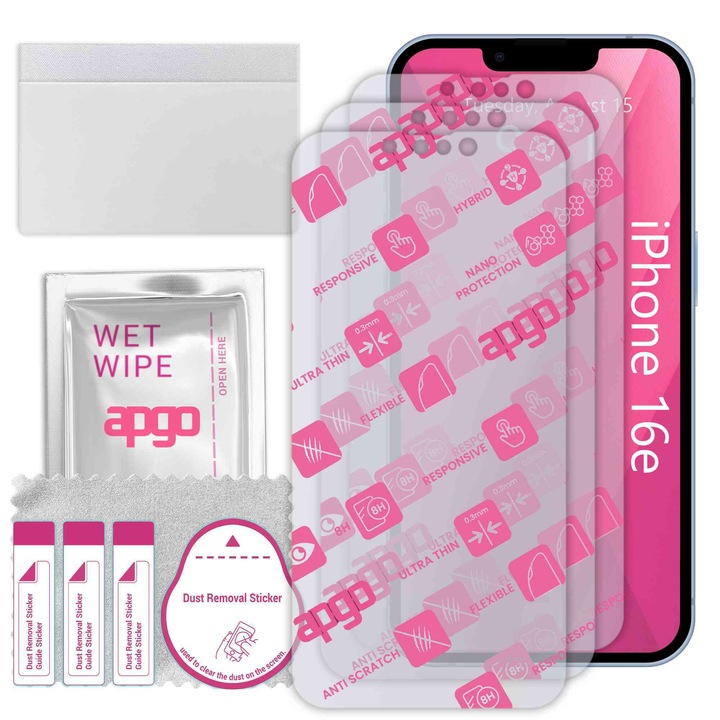 3x apgo Ultra-Clear Hybrid sticla protectoare compatibila cu Apple iPhone 16e, sticla nano flexibila, inlocuire excelenta pentru sticla temperata, rezistenta la zgarieturi
