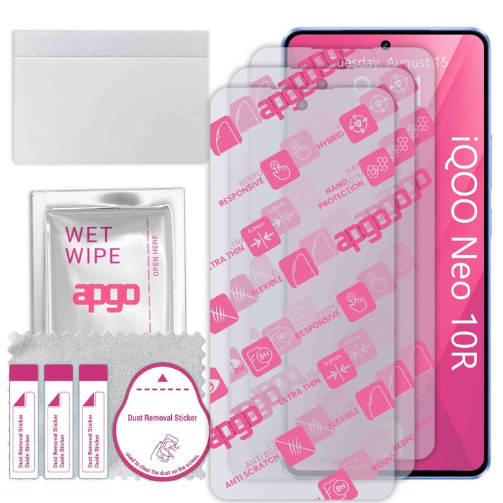3x apgo Ultra-Clear Hybrid sticla protectoare compatibila cu iQOO Neo 10R, sticla nano flexibila, inlocuire excelenta pentru sticla temperata, rezistenta la zgarieturi