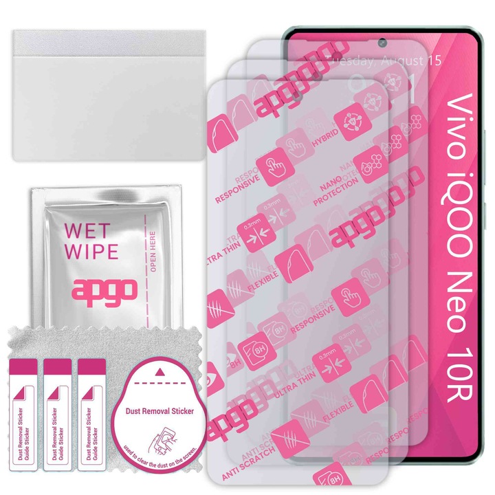 3x apgo Ultra-Clear Hybrid sticla protectoare compatibila cu Vivo iQOO Neo 10R, sticla nano flexibila, inlocuire excelenta pentru sticla temperata, rezistenta la zgarieturi