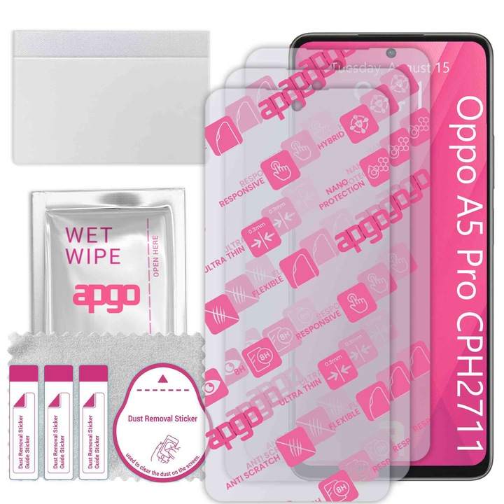 3x apgo Ultra-Clear Hybrid sticla protectoare compatibila cu Oppo A5 Pro CPH2711, sticla nano flexibila, inlocuire excelenta pentru sticla temperata, rezistenta la zgarieturi