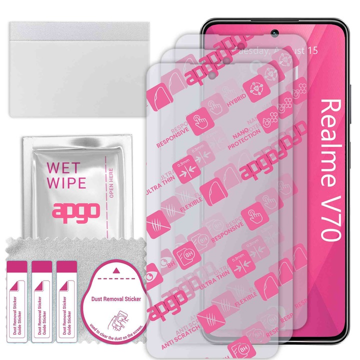 3x apgo Ultra-Clear Hybrid sticla protectoare compatibila cu Realme V70, sticla nano flexibila, inlocuire excelenta pentru sticla temperata, rezistenta la zgarieturi