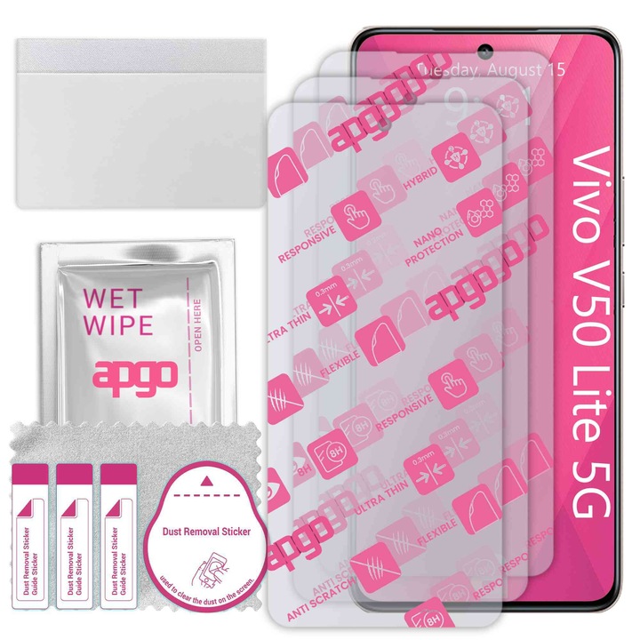 3x apgo Ultra-Clear Hybrid sticla protectoare compatibila cu Vivo V50 Lite 5G, sticla nano flexibila, inlocuire excelenta pentru sticla temperata, rezistenta la zgarieturi