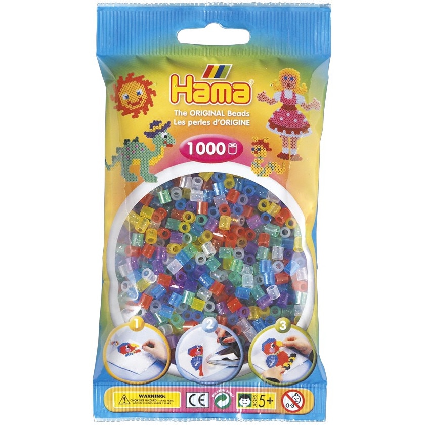 Margele de calcat HAMA MIDI mix 6 culori transparente cu sclipici, 1000 buc in pungulita