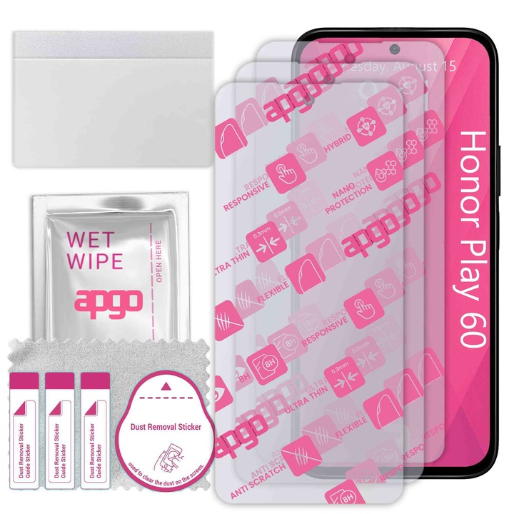 3x apgo Ultra-Clear Hybrid sticla protectoare compatibila cu Honor Play 60, sticla nano flexibila, inlocuire excelenta pentru sticla temperata, rezistenta la zgarieturi