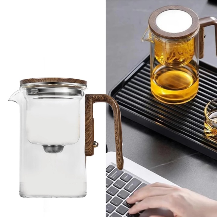 Üveg teáskanna infúzorral és fa fogantyúval, vízszétválasztás, 800ml