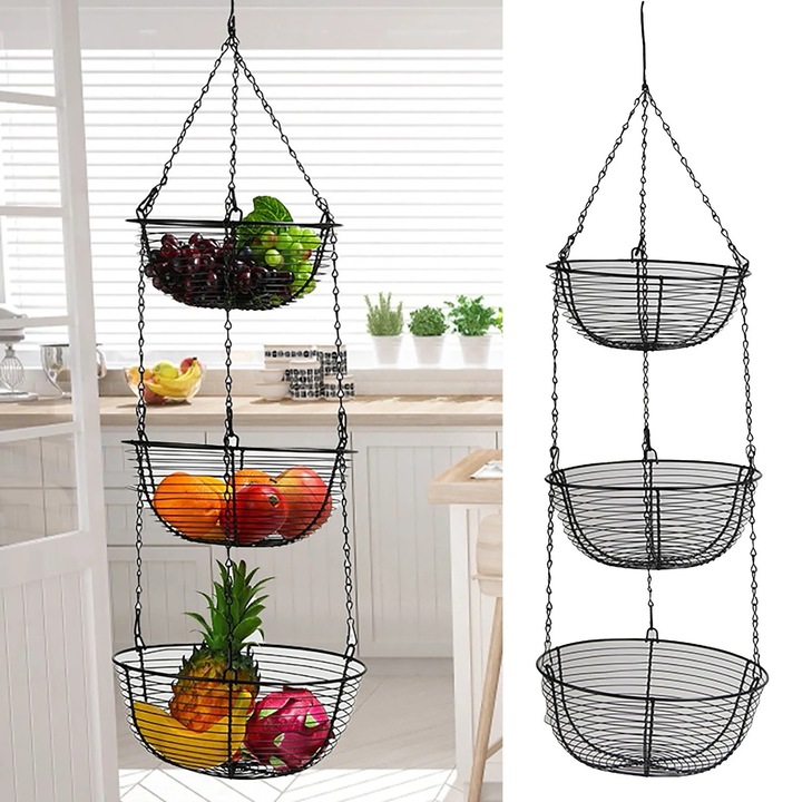 Cos fructe suspendat YANYXR, 3 straturi, negru, 30x30x14cm