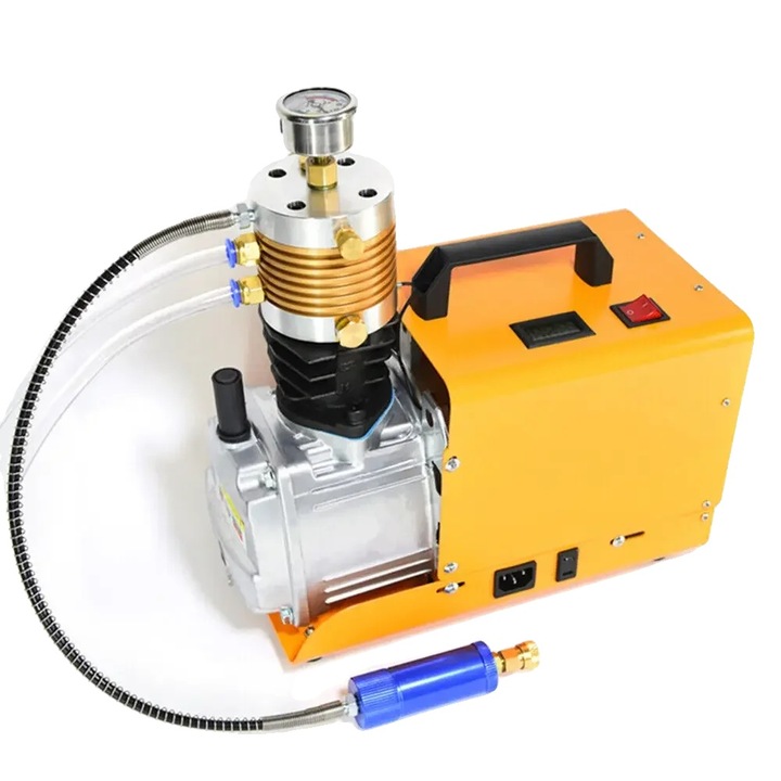 Pompa de aer de inalta presiune, presiune de umflare 300 bar, volum de umflare 100 l/min, putere 1,8 kW, portocaliu