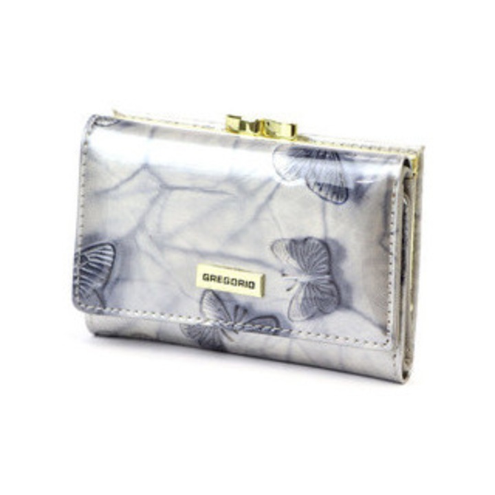 Portofel dama Gregorio, din piele naturala lacuita, cu design cu fluturi, 5 compartimente pentru carduri, culoare neagra
