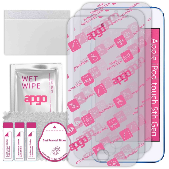 3x apgo Ultra-Clear Hybrid sticla protectoare compatibila cu Apple iPod touch 5th Gen, sticla nano flexibila, inlocuire excelenta pentru sticla temperata, rezistenta la zgarieturi