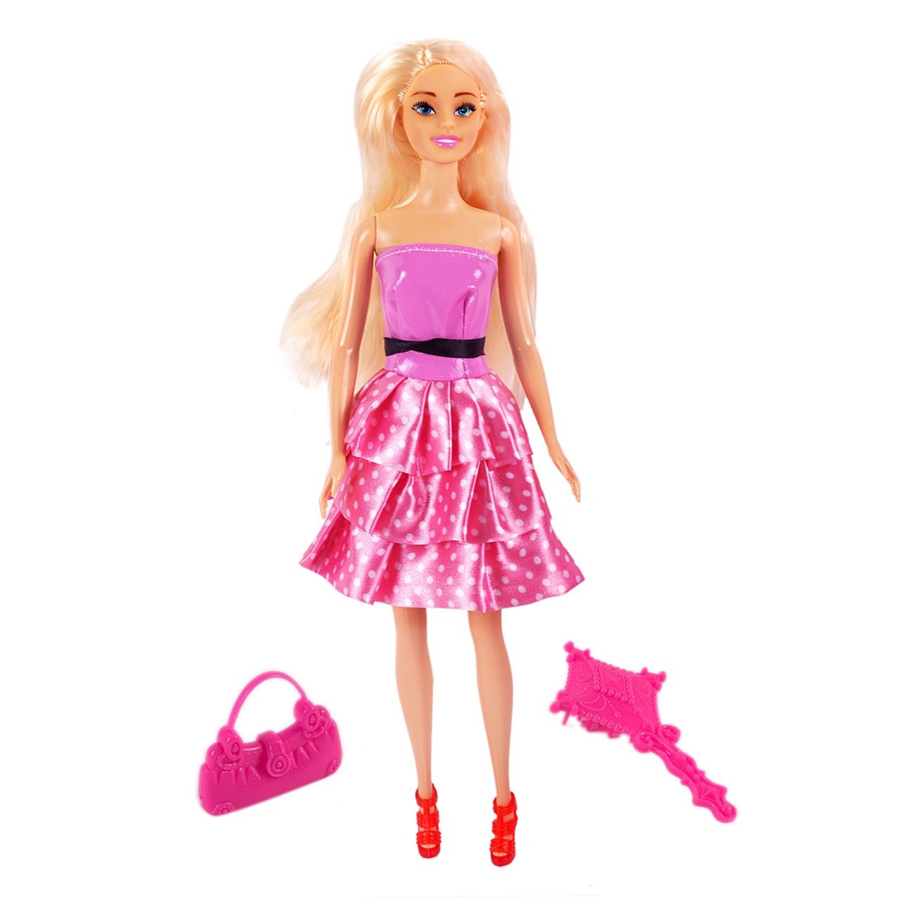 Papusa Betty cu rochita roz cu buline, accesorii incluse, 30 cm