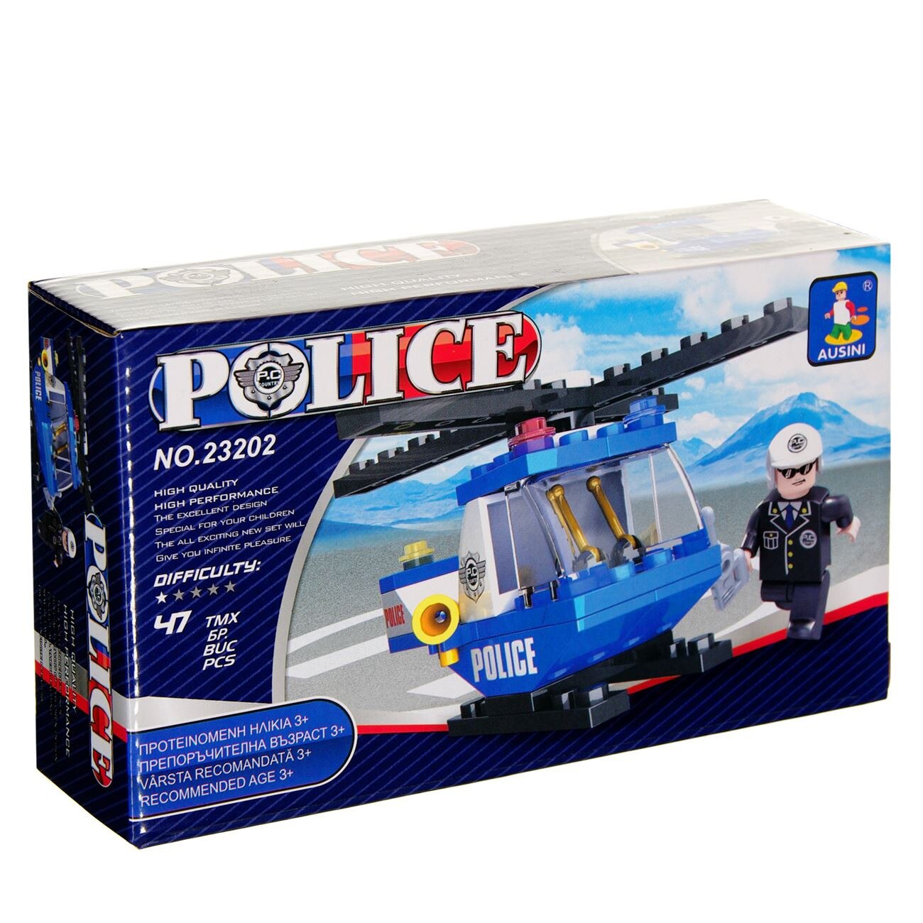 Set de constructie Soda Play Ausini Police, 47 piese, elicopter si politist, 3 ani +