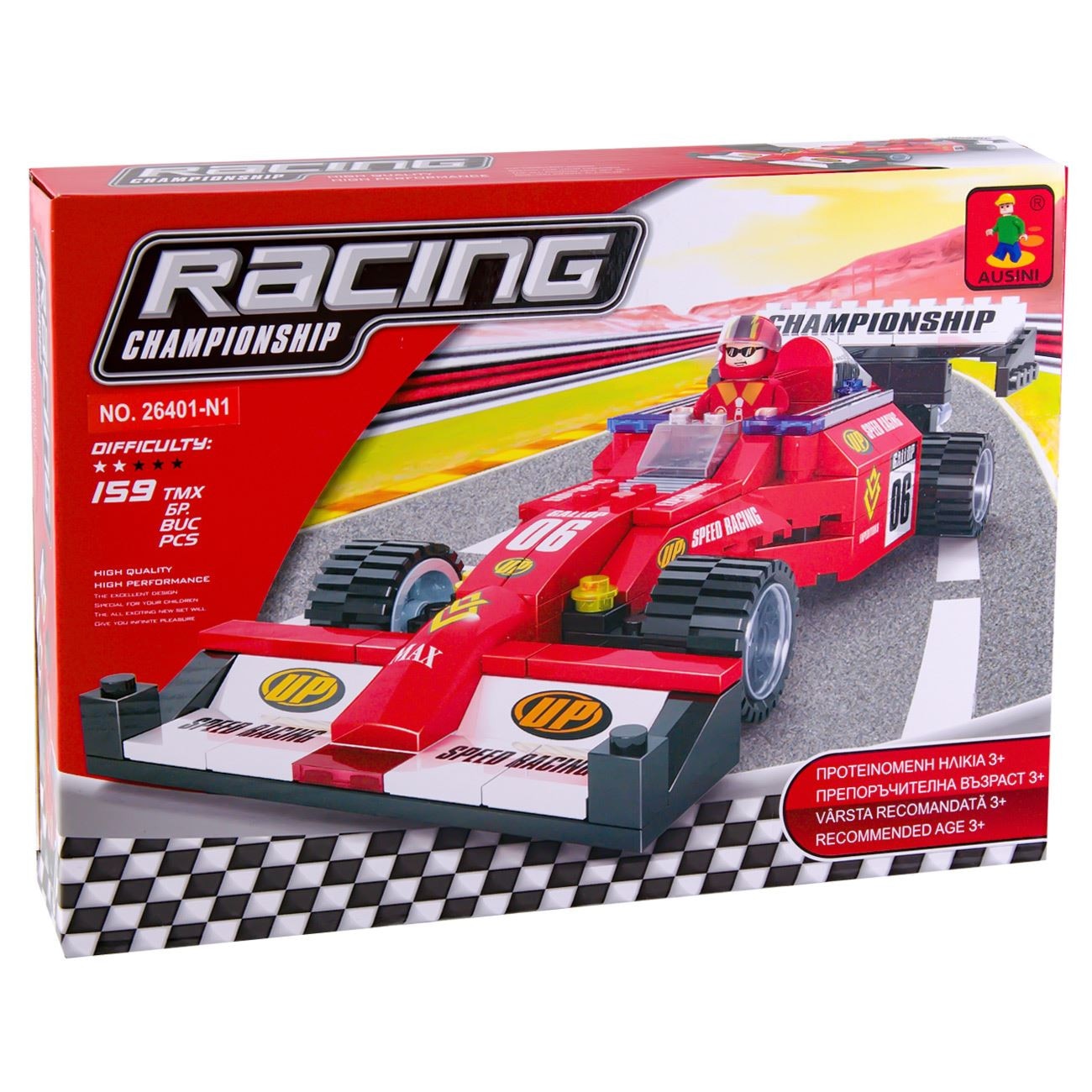 Set de constructie Ausini Racing, 159 piese, masina de formula 1 cu sofer, 3 ani +