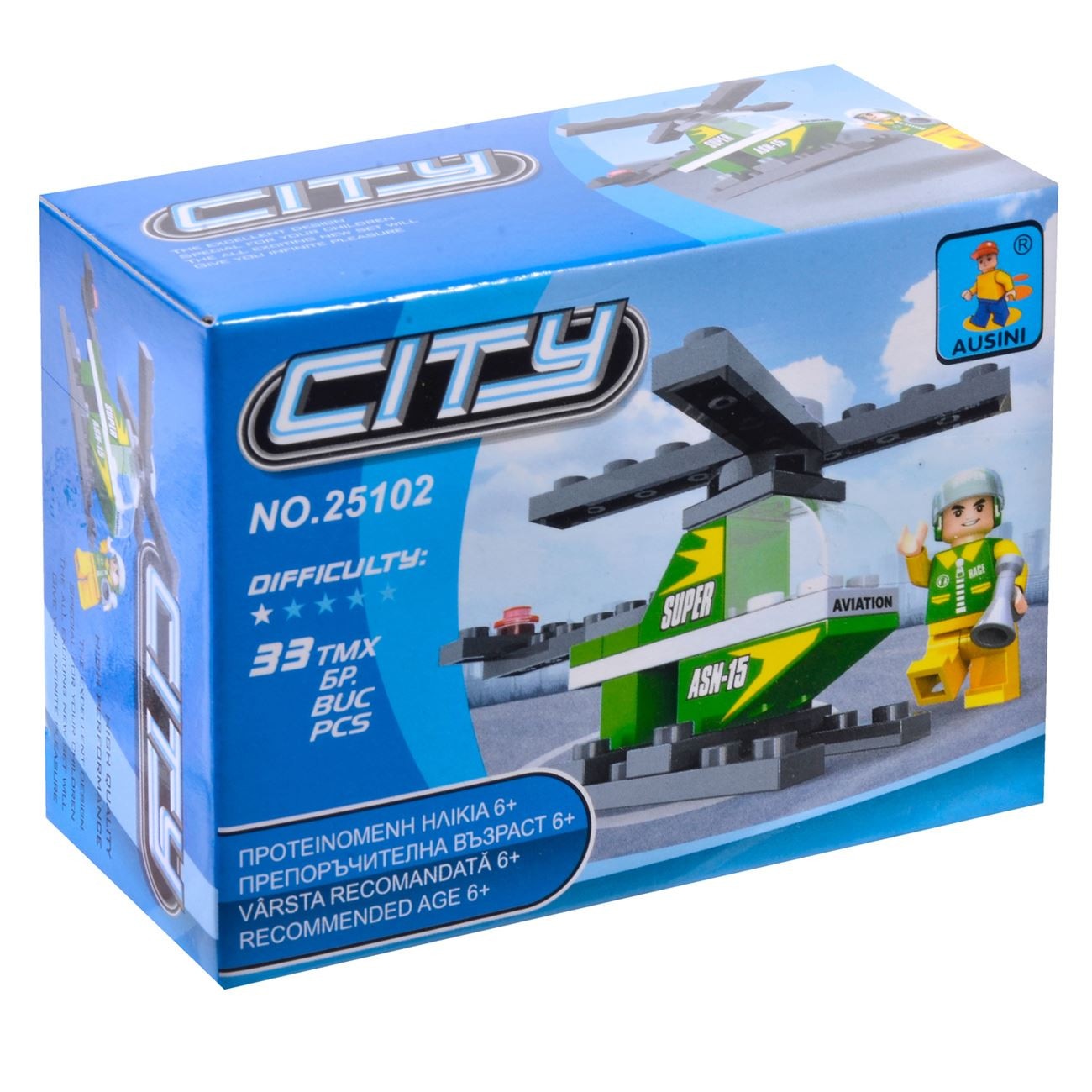 Set de constructie S-Kids Ausini City, 33 piese, elicopter si pilot , 6 ani +