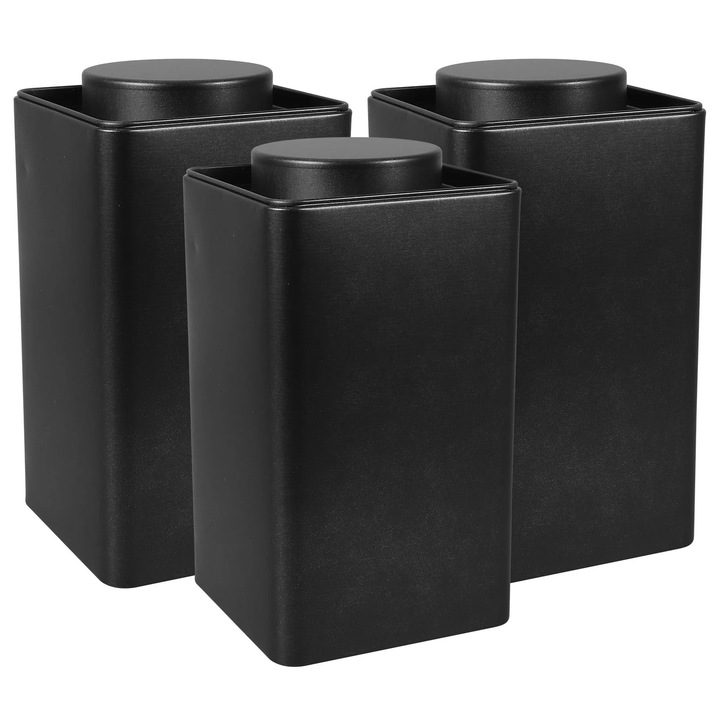 Set de 3 cutii pentru ceai ZYBLSSBB LSM2xh11271-BCS0105294-2, metal inox etanse cu capac, negru, 16,1 x 9,6 x 9,6 cm