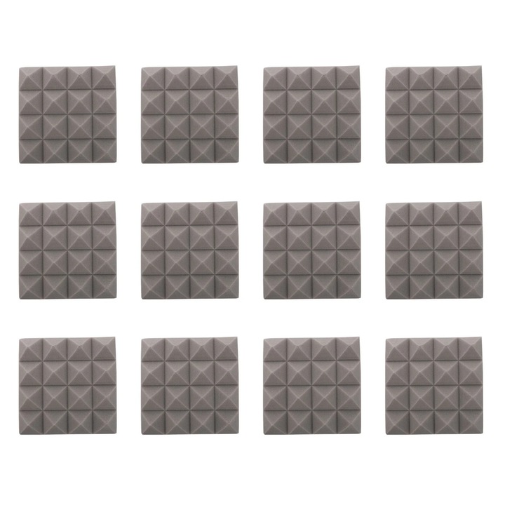 Panouri acustice YANYXR set 12 bucati, spuma poliuretanica, gri, 25x25x5cm, forma piramidala