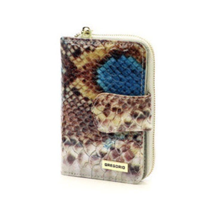 Portofel dama Gregorio, piele naturala, efect piele de sarpe, 1 compartiment mare, 10 sloturi pentru carduri, multicolor
