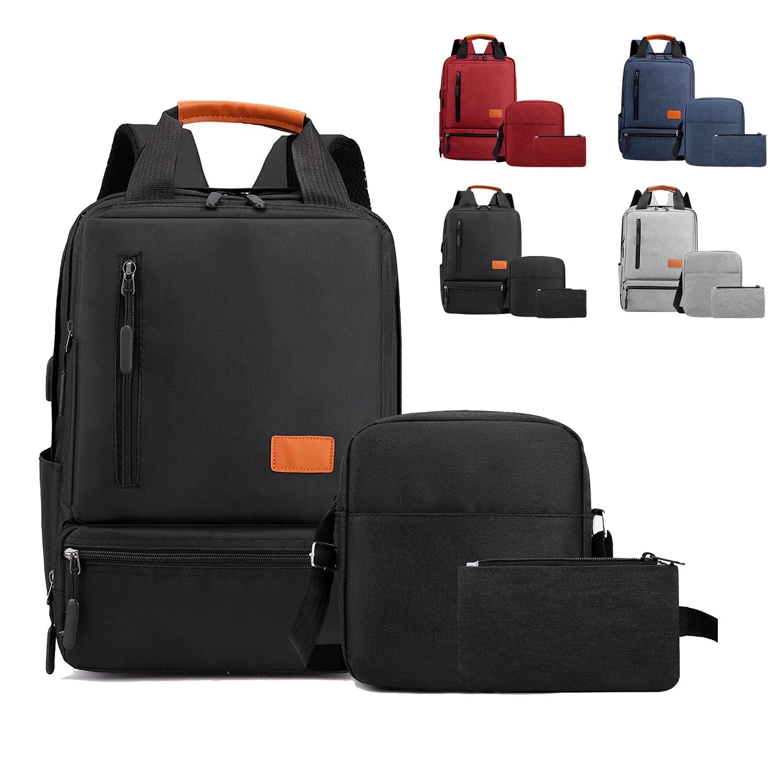 YANYXR, set 3 piese rucsac pentru laptop din poliester cu port USB, capacitate mare, pentru laptop 17 inch, negru