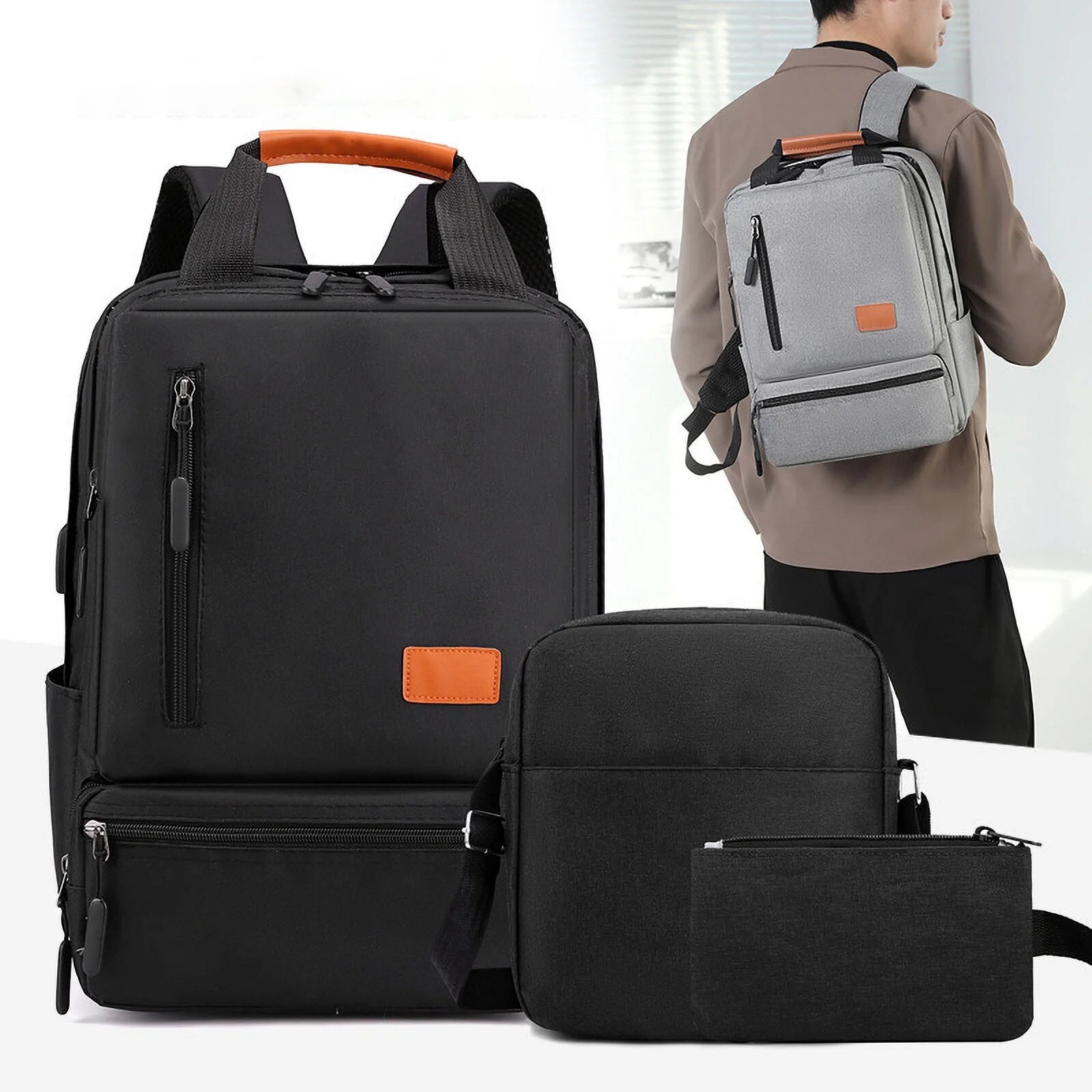YANYXR, set 3 piese rucsac pentru laptop din poliester cu port USB, capacitate mare, pentru laptop 17 inch, negru