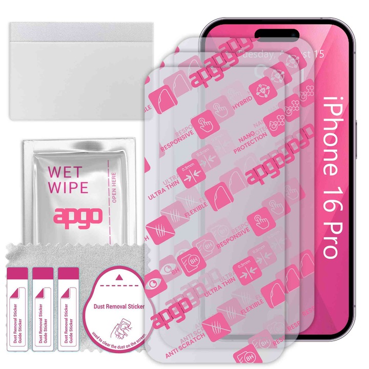 3x apgo Ultra-Clear Hybrid sticla protectoare compatibila cu Apple iPhone 16 Pro (no camera cutout), sticla nano flexibila, inlocuire excelenta pentru sticla temperata