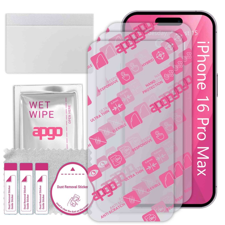 3x apgo Ultra-Clear Hybrid sticla protectoare compatibila cu Apple iPhone 16 Pro Max (no camera cutout), sticla nano flexibila, inlocuire excelenta pentru sticla temperata