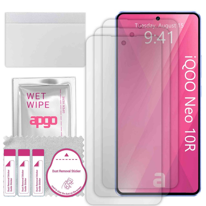 3x apgo протектор за екран за iQOO Neo 10R – цял дисплей, гланцов, хидрогел, пълно лепене, 5D