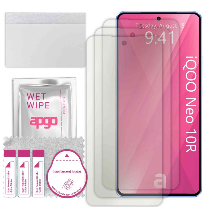 3x МАТОВ apgo защитен филм за iQOO Neo 10R - самозалепващ се, цял дисплей, хидрогел, устойчив на надраскване, пълно лепене, 5D