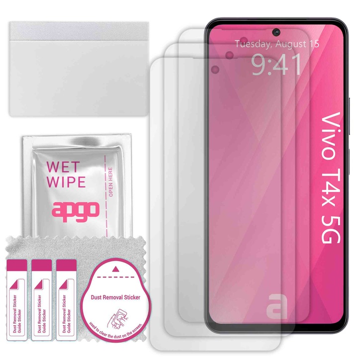 3x apgo протектор за екран за Vivo T4x 5G – цял дисплей, гланцов, хидрогел, пълно лепене, 5D