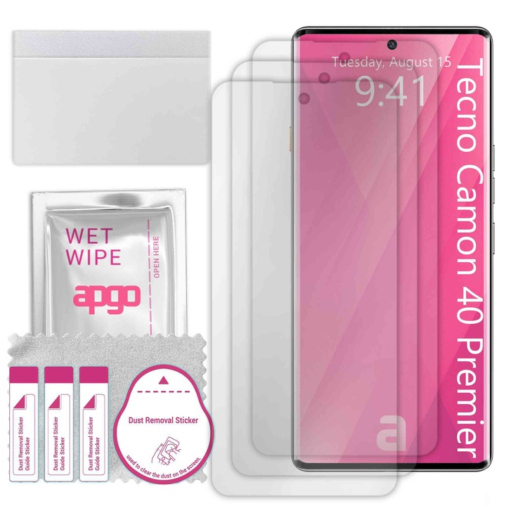 3x apgo протектор за екран за Tecno Camon 40 Premier – цял дисплей, гланцов, хидрогел, пълно лепене, 5D